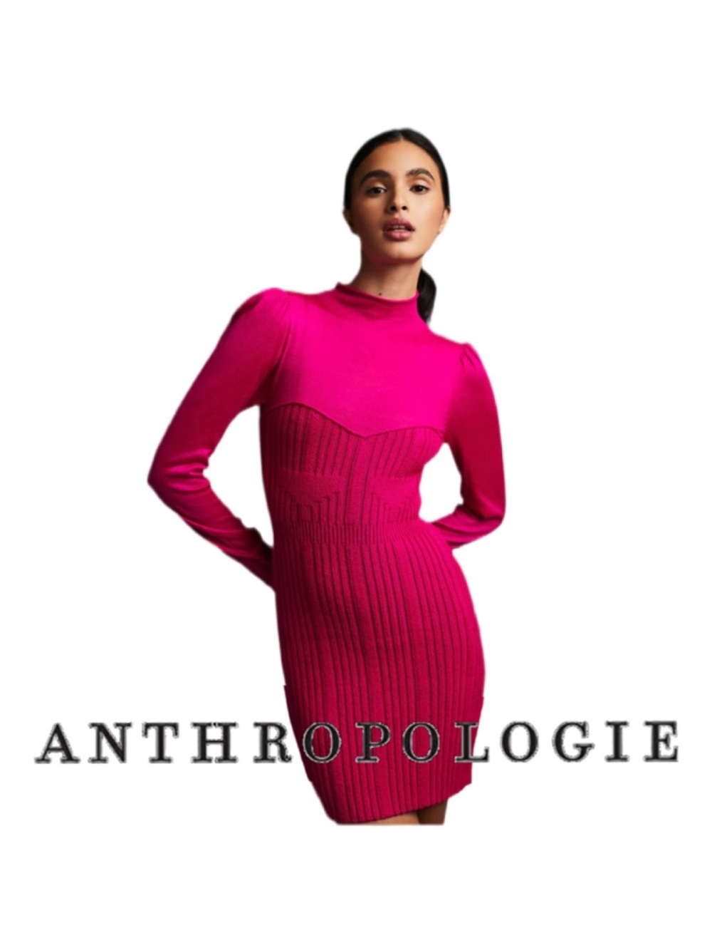 BY ANTHROPOLOGIE | HOT Pink Long Sleeve Turtleneck Sweater Knit Mini Dress